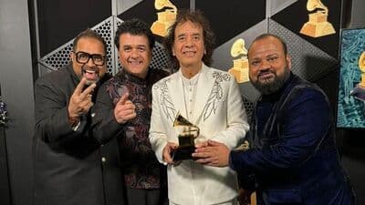 The Shakti team celebrating their Grammy win.
